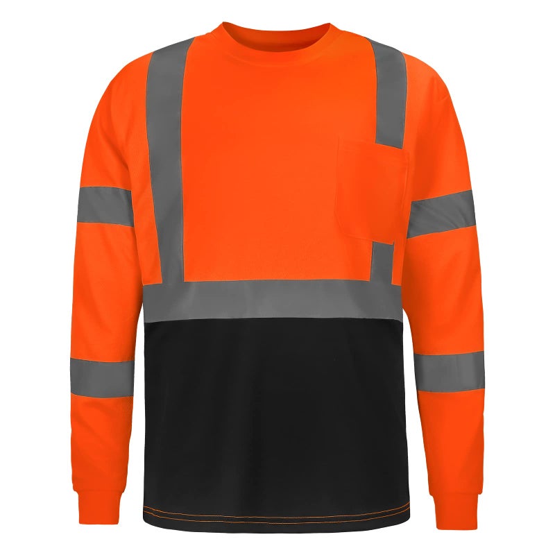 DPSAFETY High Visibility Class 3 T Shirts,Hi Vis Safety Shirts with Reflective Strips and Pocket, Long Sleeve Quick Dry Mesh Construction Work Shirt for Men/Women Black Bottom Orange,Small - Image 1